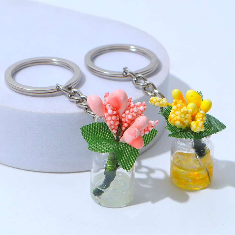 Simulation small jasmine flower keychain mini flower glass bottle model bag pendant girlfriends gift cross-border hot sale