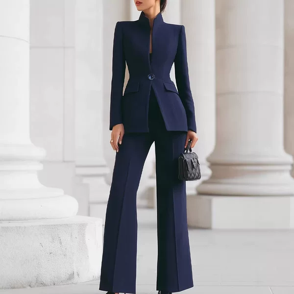 2025 European and American Women's Fashion Independent Long-Sleeve Solid Color Pocket Single-Button Blazer + Long Suit Pants Two-Piece Set