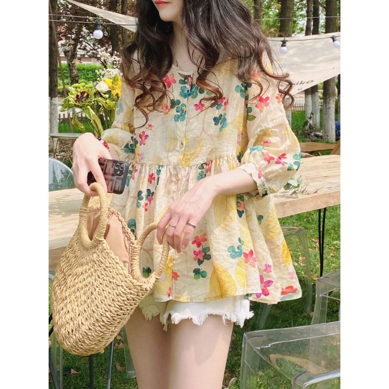 娃娃衫上衣韩版宽松通勤甜美洋气碎花高端苎麻蓬蓬小衫中袖衬_2