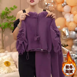 女童加绒套装秋冬装2025新款洋气儿童连帽宽松宝宝运动两件套冬季