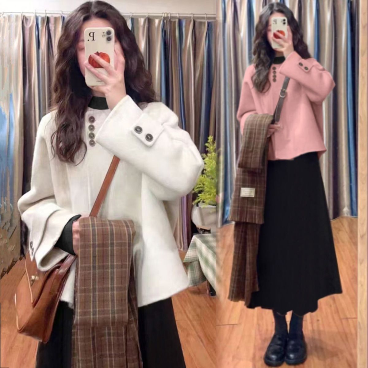 大码胖mm韩系短款夹棉毛呢外套+毛衣连衣裙子秋冬女两件套装200斤