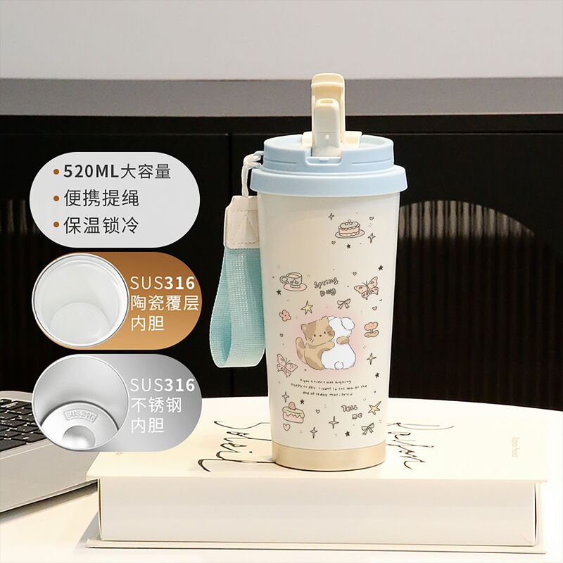 新款童趣咖啡杯316不锈钢保温杯卡通带吸管杯子双饮高颜值喝水杯|undefined