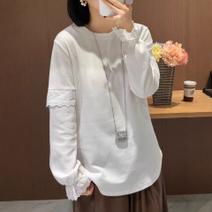南油批发新款 纯棉打底衫高级感蕾丝花边时尚百搭洋气宽松长袖T恤