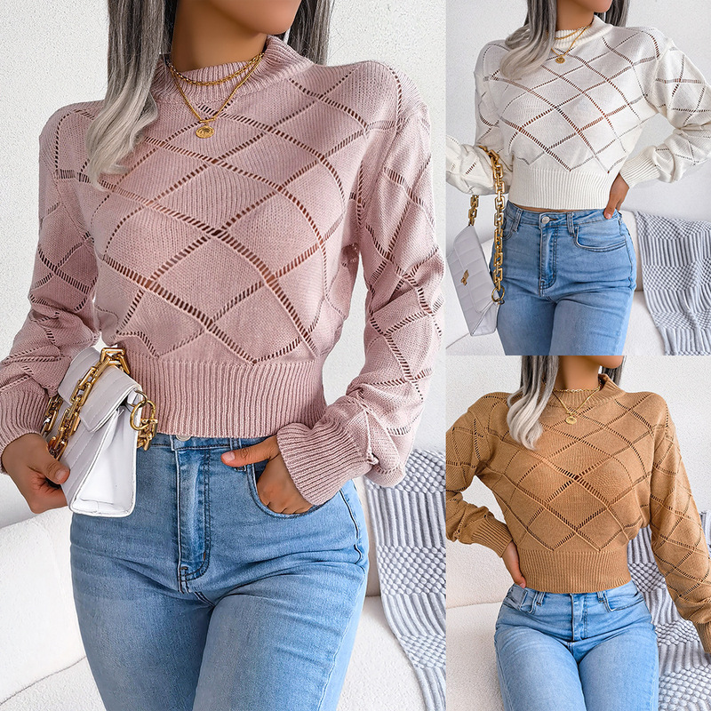 Clearance Sale 2024 European and American Autumn/Winter Hollow Out Plaid Long Sleeve Waist-Cinched Knitted Sweater Independent Cross-Border Women's Fashion