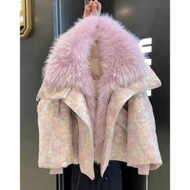 年冬季新款气质富家千金棉袄感提花毛领保暖羽绒服外套女