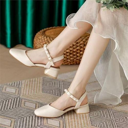 Strap-Heeled Sandals with Chunky Block Heels, Pointed Toe Design, Pearl-Trimmed Roman Style for Women—2025 Collection, Delicate Mid-Calf Length
