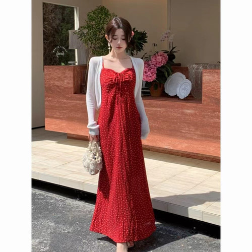 Summer Korean Pure Desire Red Floral Tank Top Dress French Vacation Slimming Elegant Long Dress for Women