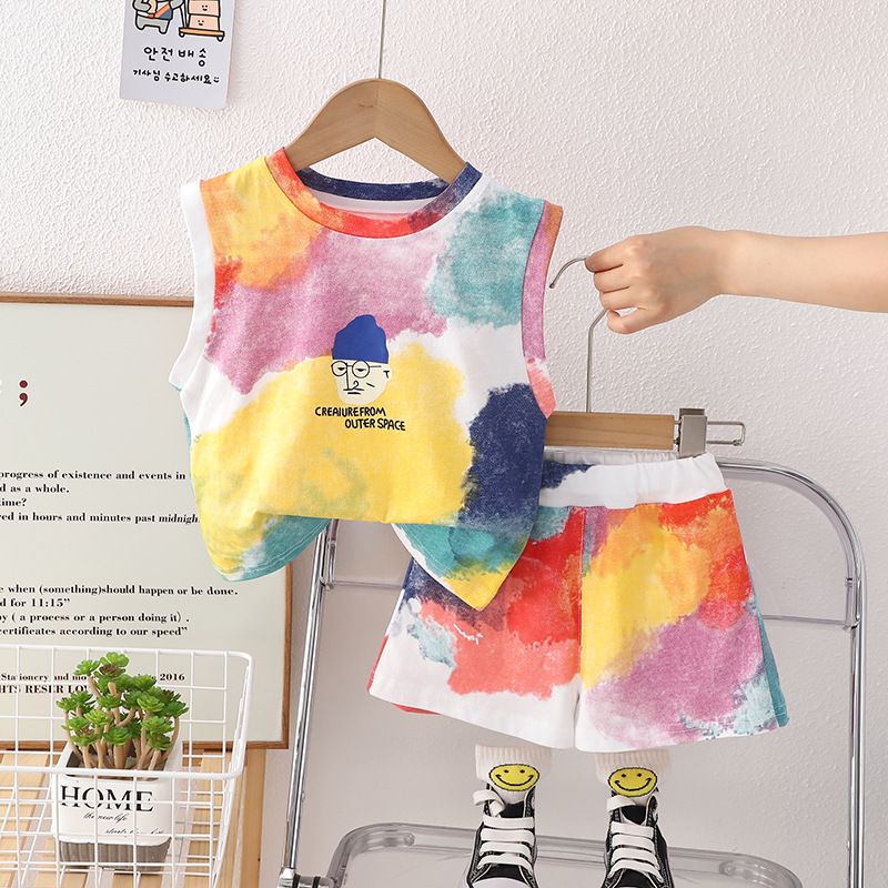 Children's Summer Tie-Dye Sleeveless Suit 2023 Summer New Boys' Western Style Internet Celebrity Fried Street Head Printed Vest