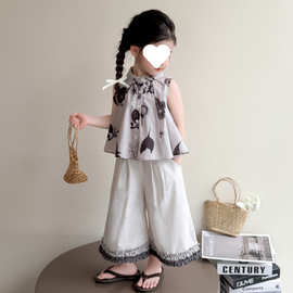 女童夏套装2025新款女宝夏季时尚洋气时髦儿童背心衬衫阔腿裤套装