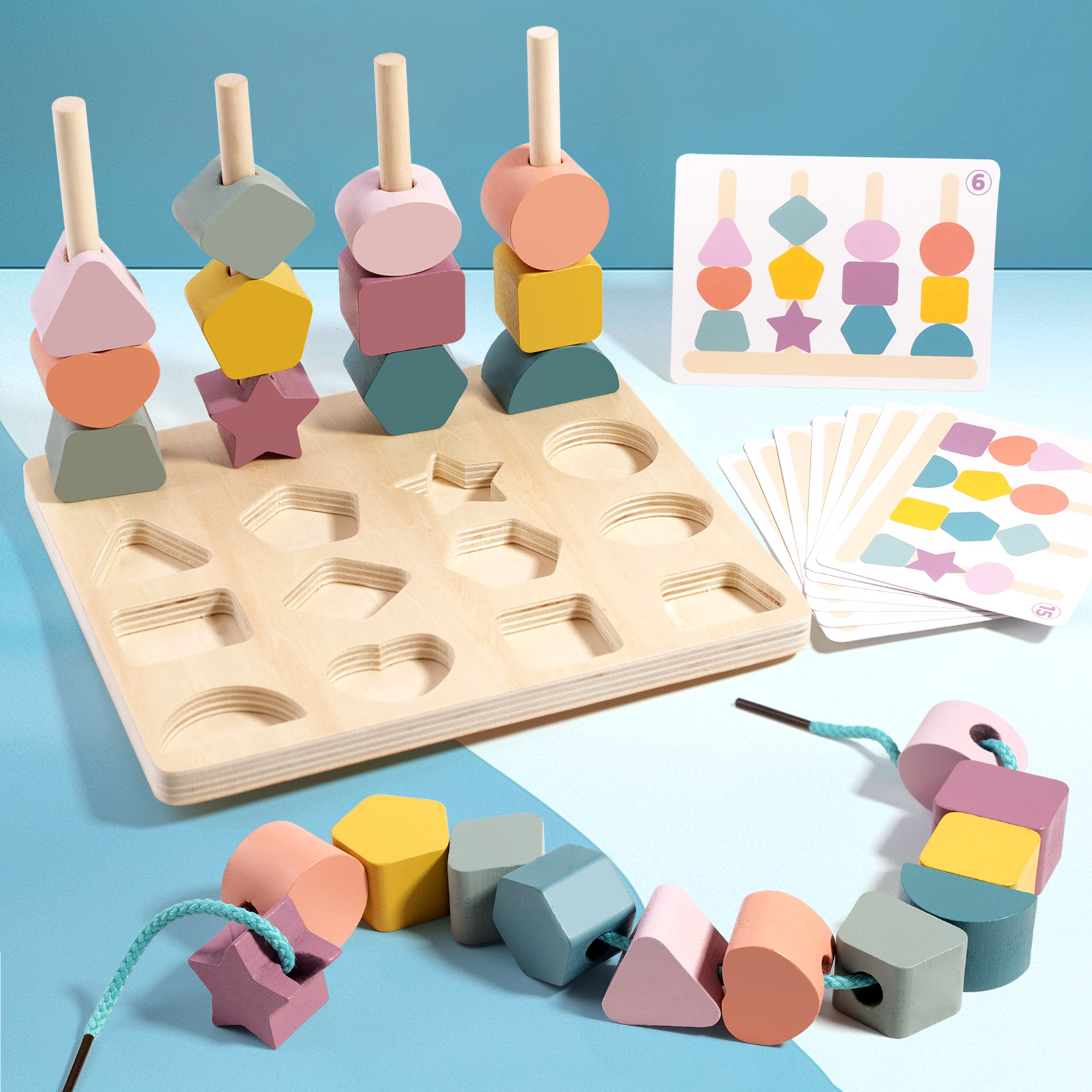 Forma geométrica de madera para niños tablero de combinación de color cuerda cognitiva cubierta de bloques de construcción columna iluminación educación temprana juguetes educativos