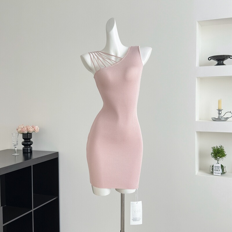 2026 Real Shot New Green Forest Hollow Out Thin Strap Hot Girl One-Shoulder Short Skirt Bodycon Knitted Dress for Women Summer 2026 Real Shot New Green Forest Hollow Out Thin Strap Hot Girl One-Shoulder Short Skirt Bodycon Knitted Dress for Women Summer