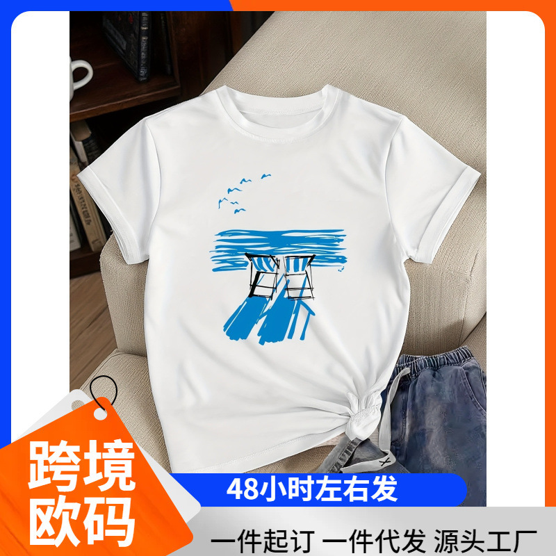 [European Size Cotton t] Women's Casual Short Sleeve T-Shirt - Seagull and Adirondack Chair Pattern Print, Soft