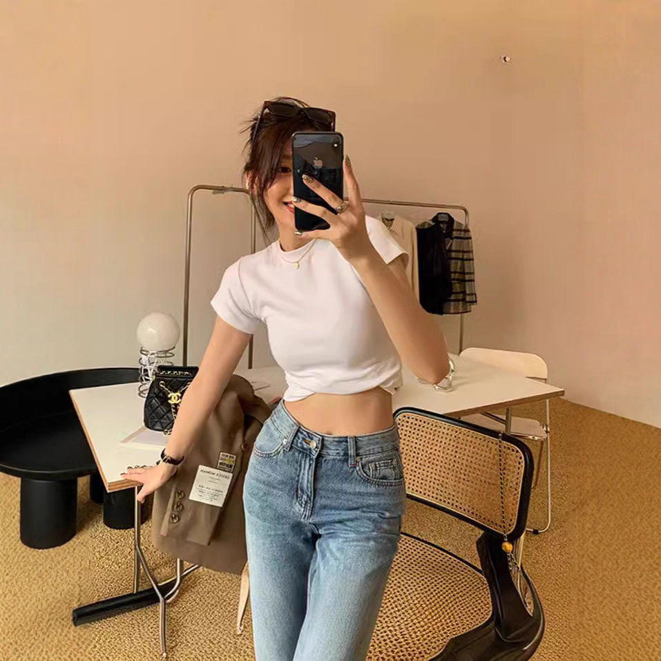 여성 무지 슬림핏 라운드넥 크롭 반팔 티셔츠 여름 데일리 이너