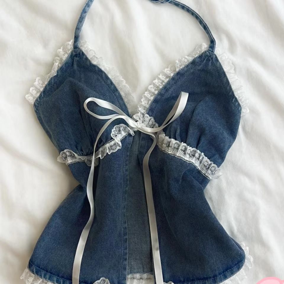Pure Lust Style Denim Suspender Straps Lace Suspender Slim Short Blue Bow Sleeveless Top Slimming Summer