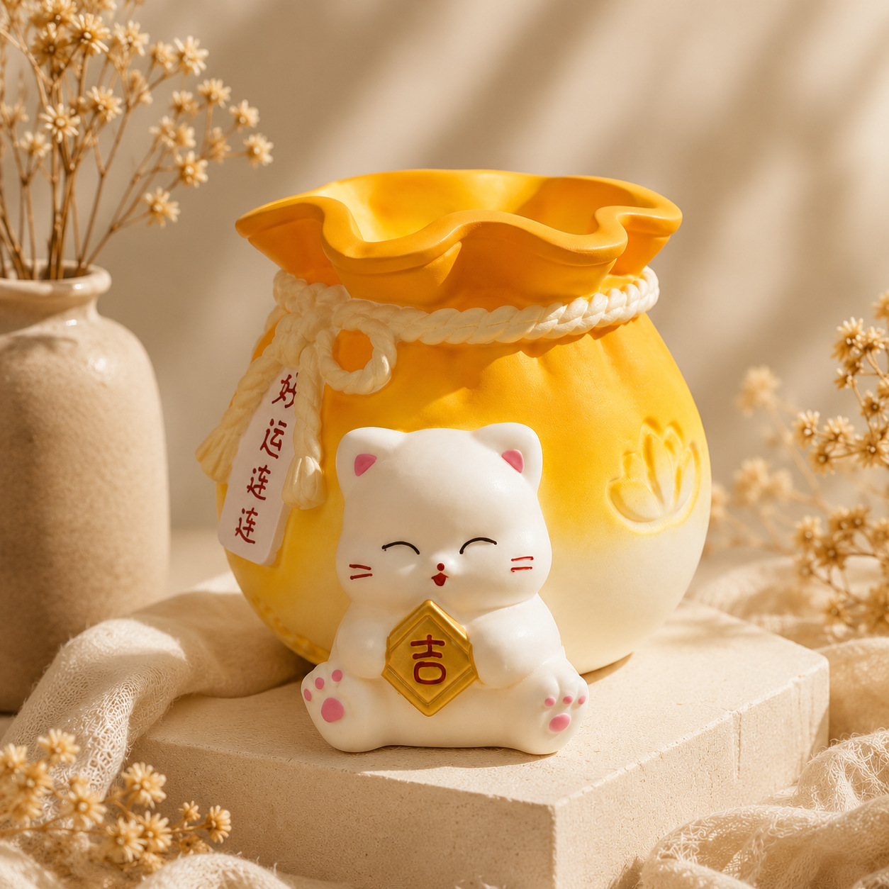 Lucky Cat Pen Holder Ornament for Good Luck, Creative Desktop Decoration for Home Entryway and Living Room, Healing Small Ornament Wholesale