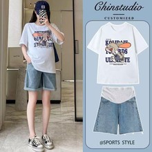 夏季薄款孕妇牛仔短裤外穿孕妇五分裤宽松加肥大码200斤孕妇套装