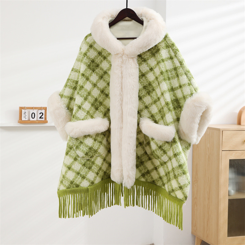 Thick loose cape cape for women and woolen plus-size coat warm wool-collar hooded cape_voghion.com