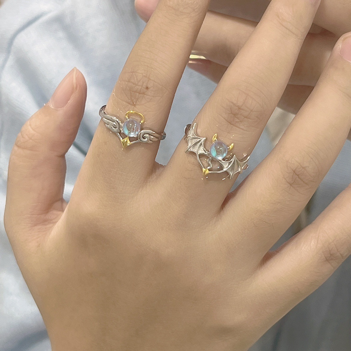 Holiday, Date Occasion Alloy Material Angel Wings Pattern Cute Angel Wings Moonstone Alloy Wholesale Open Ring