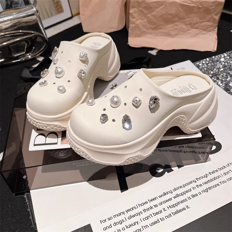 ビッグヘッドラインストーンリベットパールトゥハーフスリッパ厚底プラットフォーム下駄小さなビーチサンダル女性用|undefined