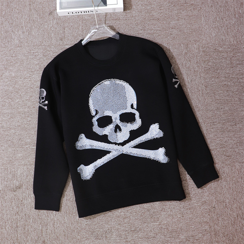 Heavy industry fashion brand printing rhinestone big skull bone loose round neck sweater plus size fat fat fleece-lined