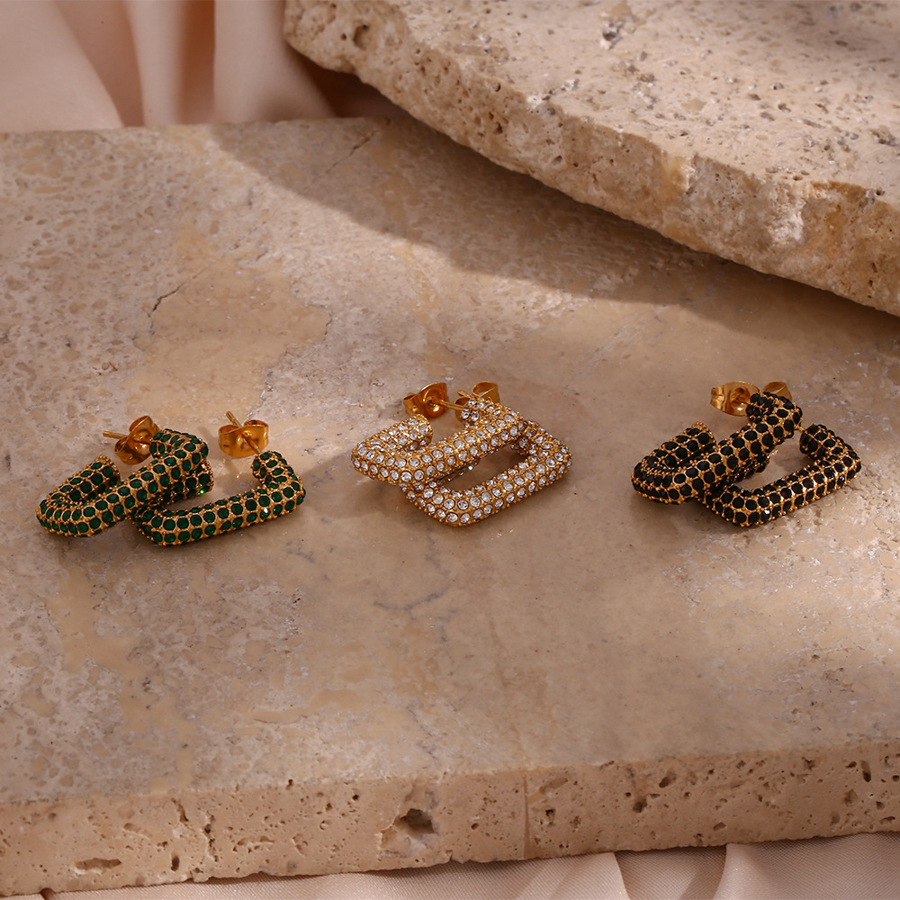 Vacuum Plating Gold Plating Process Fashion Geometric Plating Metal 304 Stainless Steel Zircon 18K Gold Plated Earrings