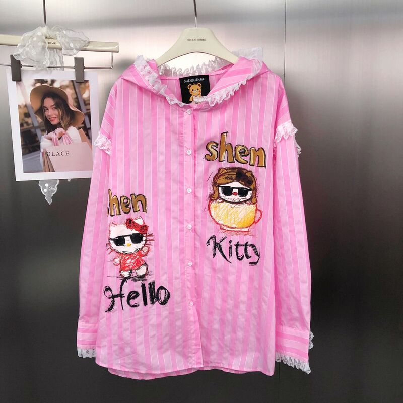 Shenshenjia Japanese Style Age-Reducing Kt Cat Front and Rear Printed Long-Sleeved Shirt Lace Hooded Design Pink Stripesd Shirt for Women Shenshenjia Japanese Style Age-Reducing Kt Cat Front and Rear Printed Long-Sleeved Shirt Lace Hooded Design Pink Stripesd Shirt for Women