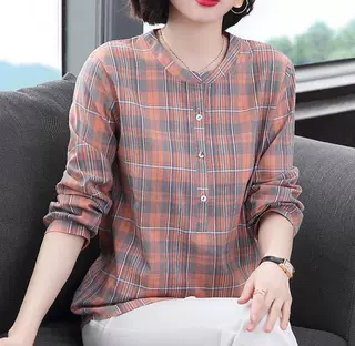 春秋新款棉麻格子女士衬衫女四十岁中年妈妈洋气长袖纯棉上衣全棉