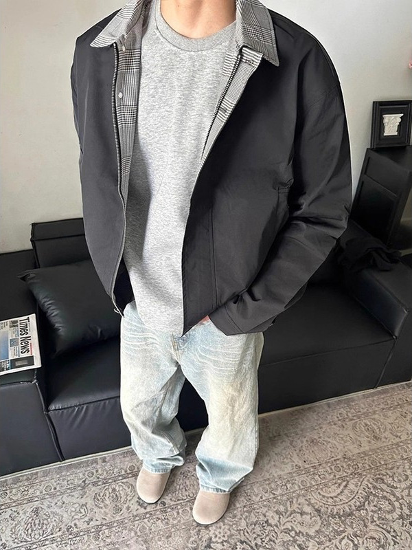 藏青色格纹拼接短款外套男款设计感棒球服cleanfit假两件飞行夹克|undefined