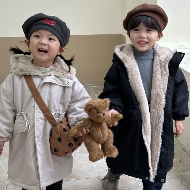 Children's Cotton Coat, Mid-Length, for Boys and Girls, with Faux Rabbit Fur, Thickened, Girls' Cotton Jacket, 2026 Winter New Style, Baby Style