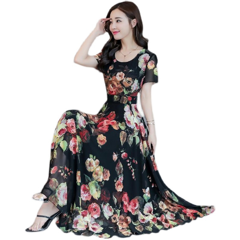 180g foot size summer Korean round neck long printed ice silk dress middle-aged plus size large skirt