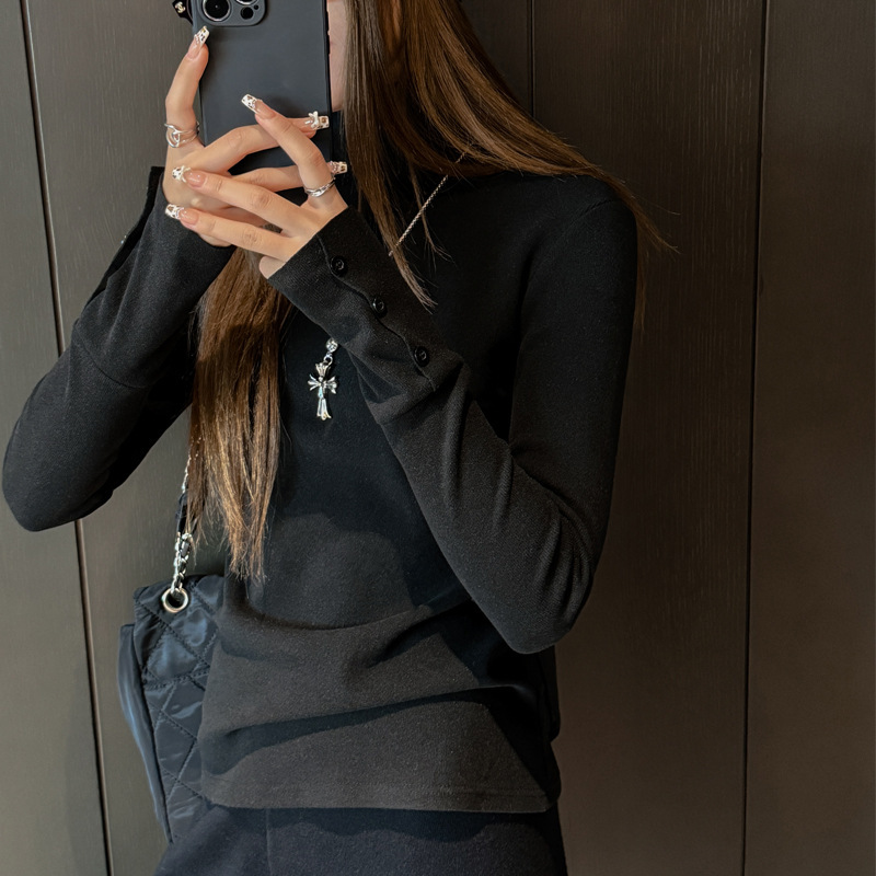 仿羊绒半高领秋冬加厚长袖打底衫女内搭t恤中领可外穿设计感上衣|undefined