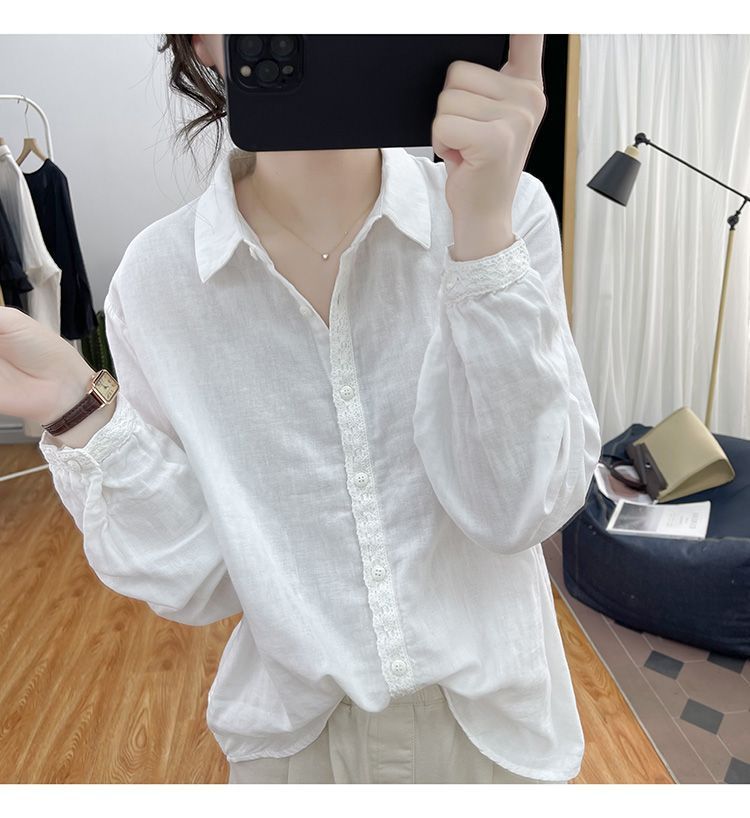 Camisa retro de algodón y cáñamo de color liso para mujer, primavera/verano 2024, nueva camisa holgada de manga larga con encaje y panel de encaje._voghion.com