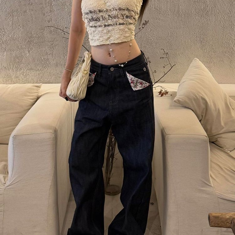 美式复古设计感赤耳碎花拼接牛仔裤子女辣妹亚文化宽松显瘦直筒裤|undefined