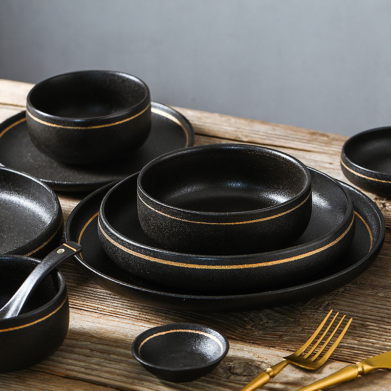 PK7J light luxury golden edge ceramic black tableware frosted cast iron simple household Bowl plate suit pasta plate