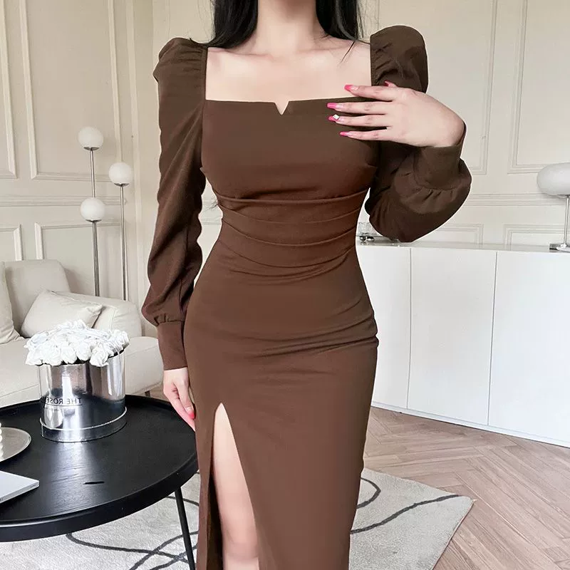 Новое Плиссированное французское платье с квадратным воротником и пышными рукавами на весну и осень, приталенное базовое платье миди, женская модная юбка с разрезом