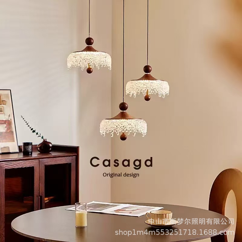 中古水滴复古胡桃木色过道灯轻奢升降餐厅吊灯法式简约床头小吊灯|undefined