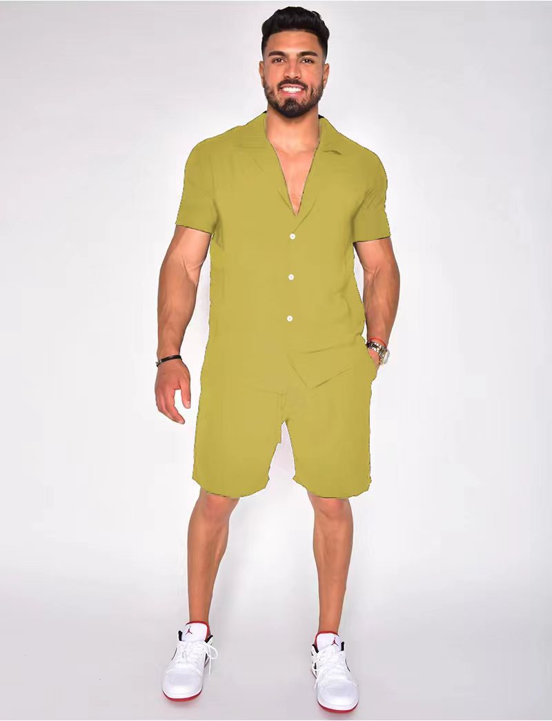 2023 Amazon eBay Venta caliente Hawaii hombres de verano solapa algodón lino color sólido manga corta pantalones cortos traje