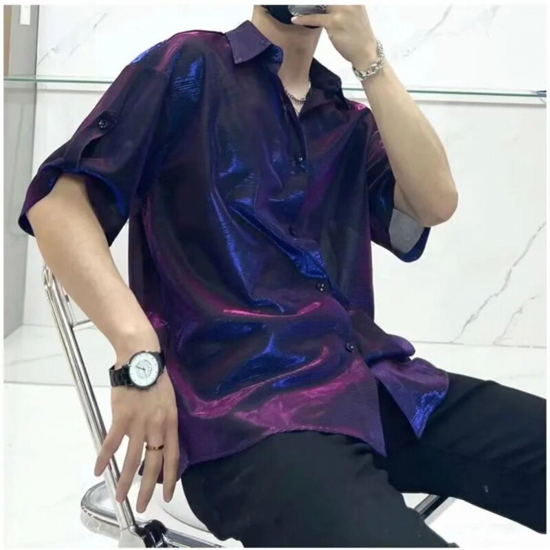 Jin Bukang Sense Shirt Men's Short-sleeved Liquid Summer Shopper Handsome Reflective Color-changing Shirt Half-sleeved Draped Fashion Top