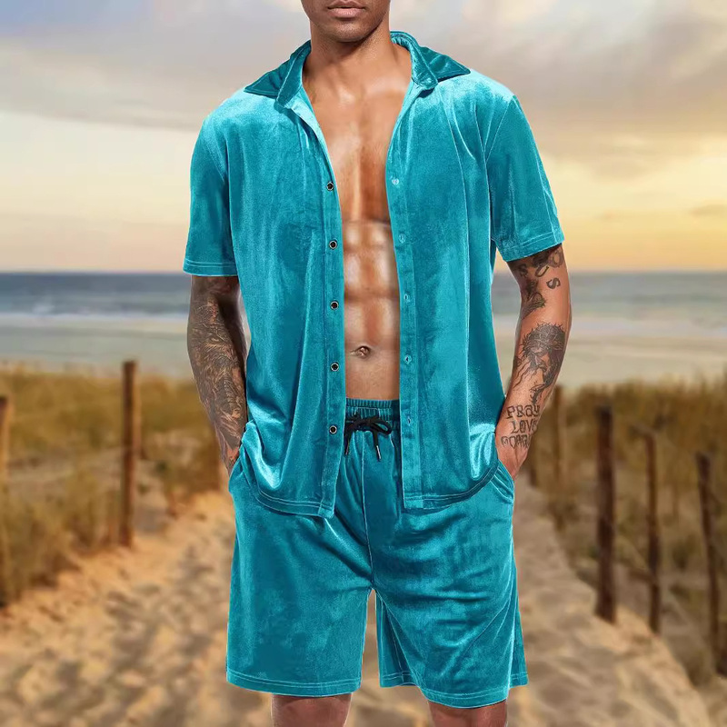 European and American Men's Fashion Casual Suit 2025 Summer Solid Color Velvet Lapel Shirt Shorts Suit Wholesale