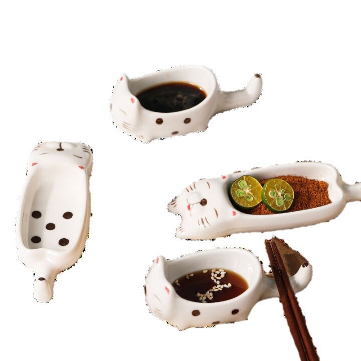 かわいい猫の陶磁器の調味料の皿の家庭用の調味料の皿の箸の棚のアイデアの手描きの釉薬の下で彩りをつけます。|undefined