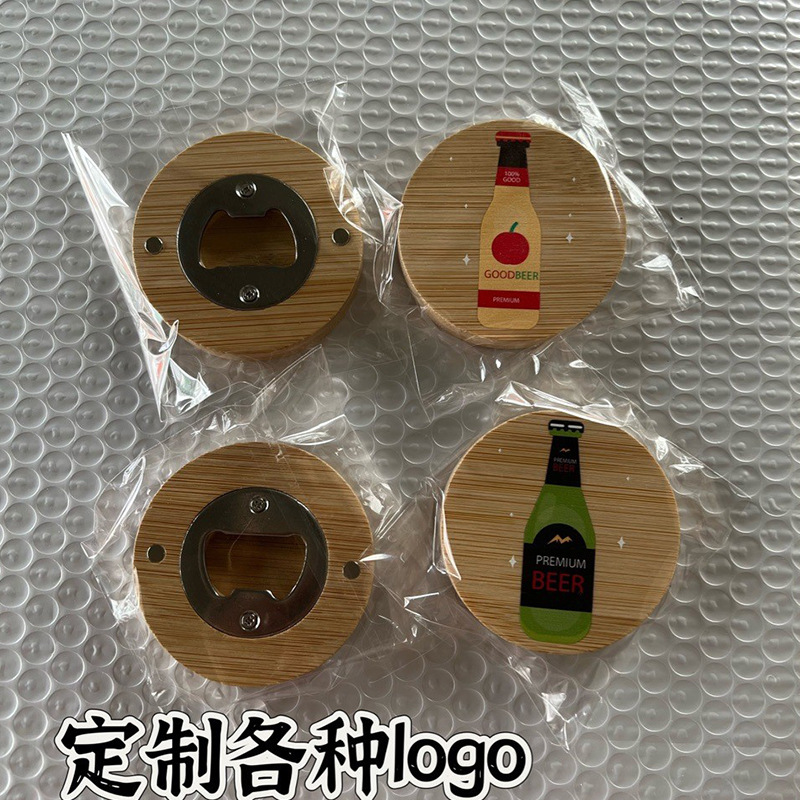 Abridor de botellas de bambú redondo etiqueta magnética refrigerador abridor de botellas de cerveza de acero inoxidable impresión en color varios personalidad gráfica image 2