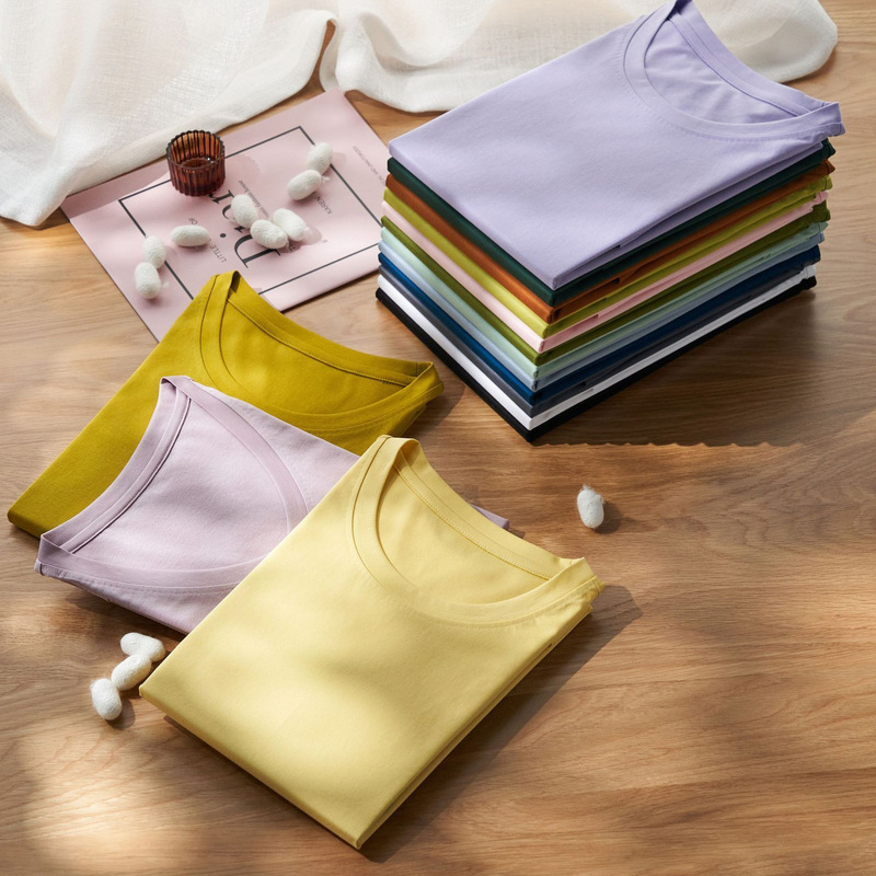 Spot 15 Colors Double-Sided Mercerized Cotton T-Shirt Women's Short-Sleeved White T-Shirt Women's Summer Loose Version V Neck Pure Color T-Shirt