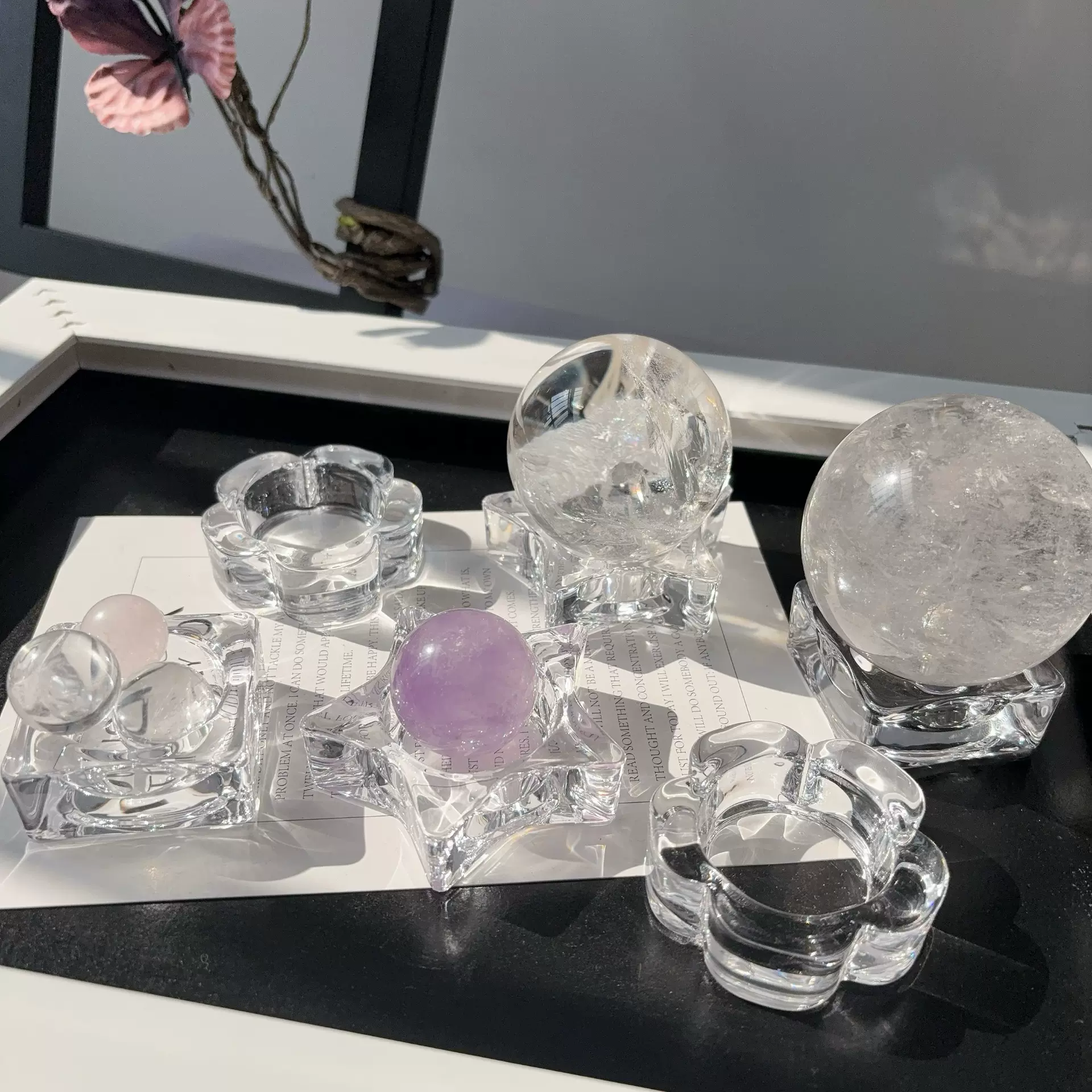 水晶球玻璃大球底座琉璃梅花方形底托小球碎石收纳消磁净化摆件