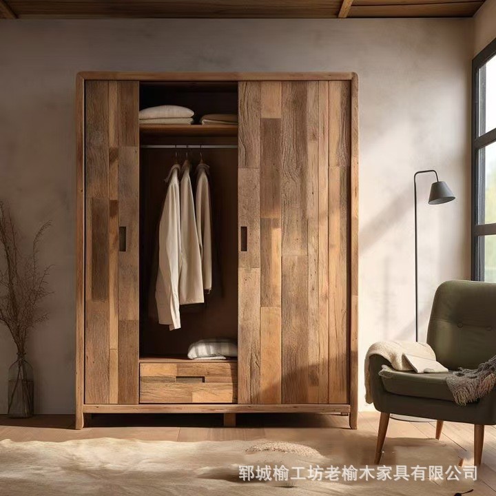 老榆木推拉式衣柜家用衣橱柜卧室家具衣服收纳柜做旧实木整理柜