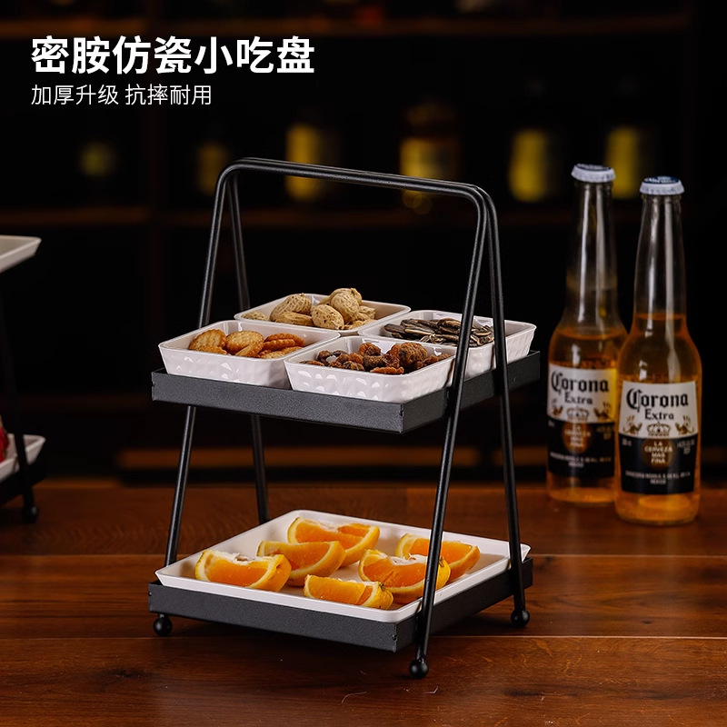 Soporte de bandeja de frutas de doble capa, bandeja de frutas secas de cuatro cuadrados, bar KTV, bocadillos creativos comerciales, bocadillos, escaleras multicapa