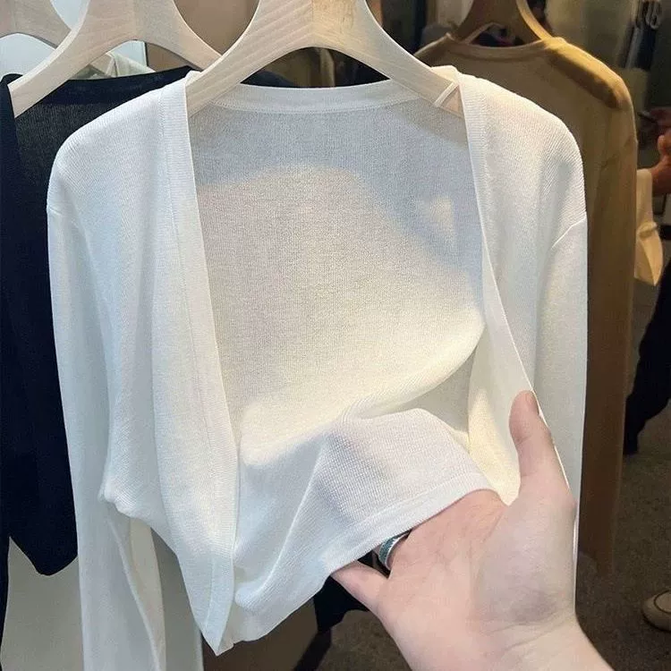 Модный короткий вязаный кардиган из ледяного шелка для защиты от солнца для женщин, тонкое летнее платье-бретелька, верхняя прозрачная куртка, накидка для кондиционирования воздуха