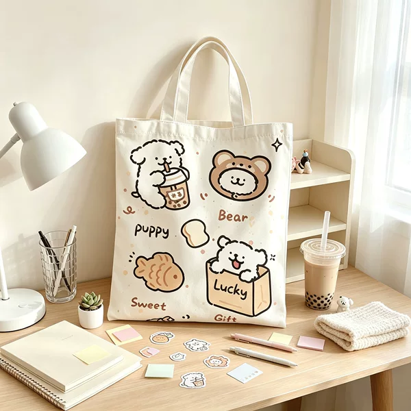 Custom Canvas Bag with Cartoon Line Art of a Dog, Popular on Instagram, Shopping Bag, Promotional Gift for Businesses, Tote Bag