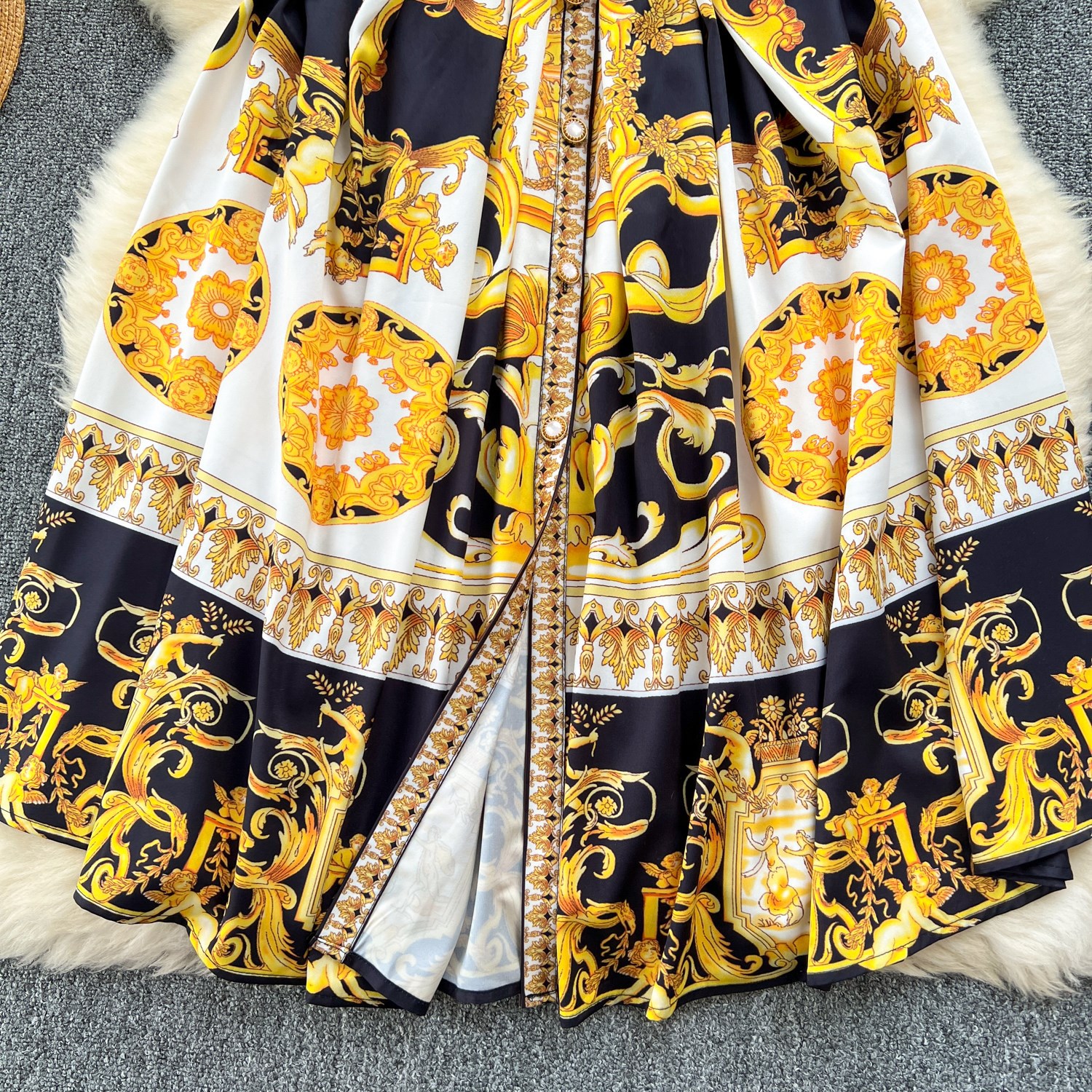 Vintage Baroque Print Sleeveless Dress – High Waist A-Line Dress With 3D Floral Embroidery (5 Sizes, Breathable Stretch Fabric)_ecoleips.com
