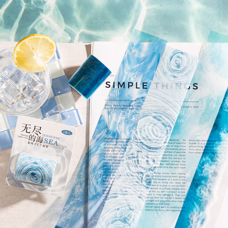 Cinta PET con tema de ondulación de agua de niña de salsa de tomate, cinta de material decorativo de bricolaje de la serie del mar sin fin