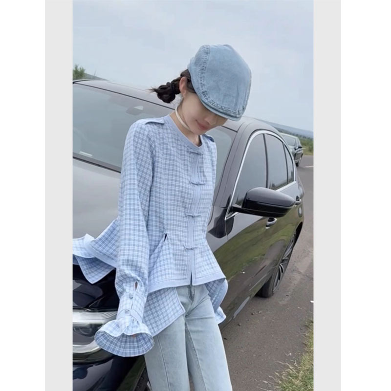 新中式国风女装2025新款蓝色格子盘扣长袖衬衫法式高端小资小上衣|undefined